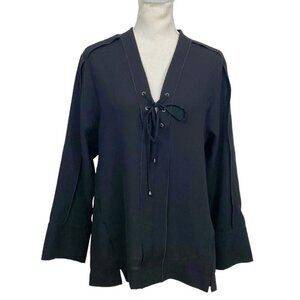 LUISA CERANO BLACK LACE UP NECKLINE SHEER BLOUSE - 6